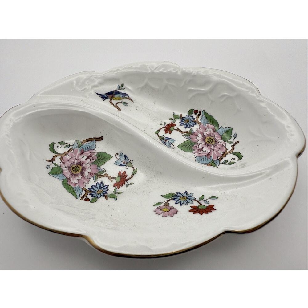 Vintage Aynsley Pembroke Divided Dish Fine Bone China England Bird Floral Tray